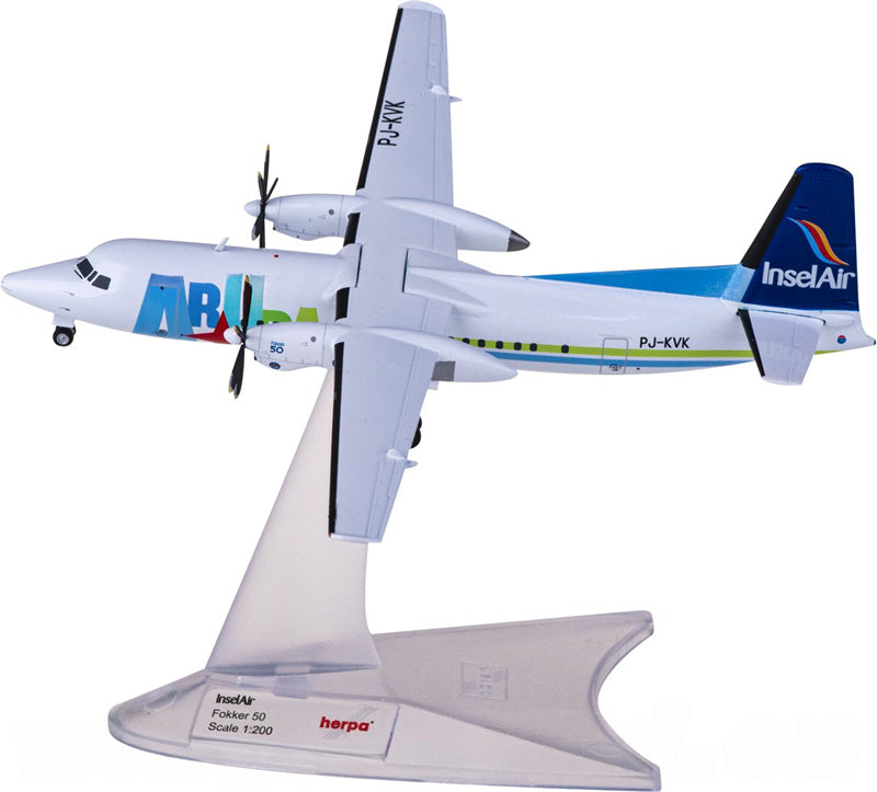 Herpa Insel Air for Fokker 50 PJ-KVK 1:200 Aircraft Pre-built Airliner Model Display