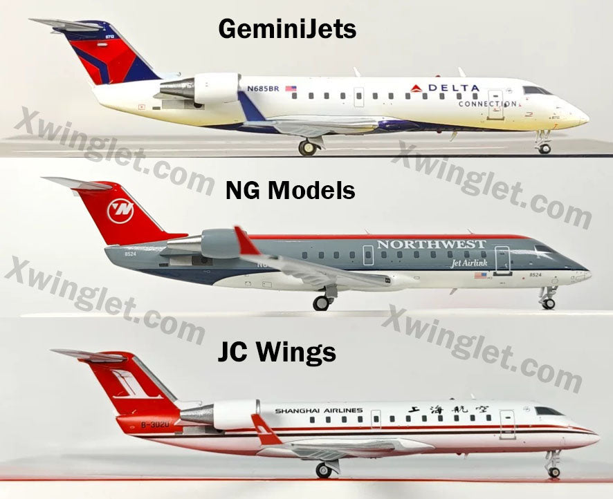 1:200 Bombardier CRJ-200 diecast model comparison — GeminiJets vs JC Wings vs NG Models side by side accuracy review