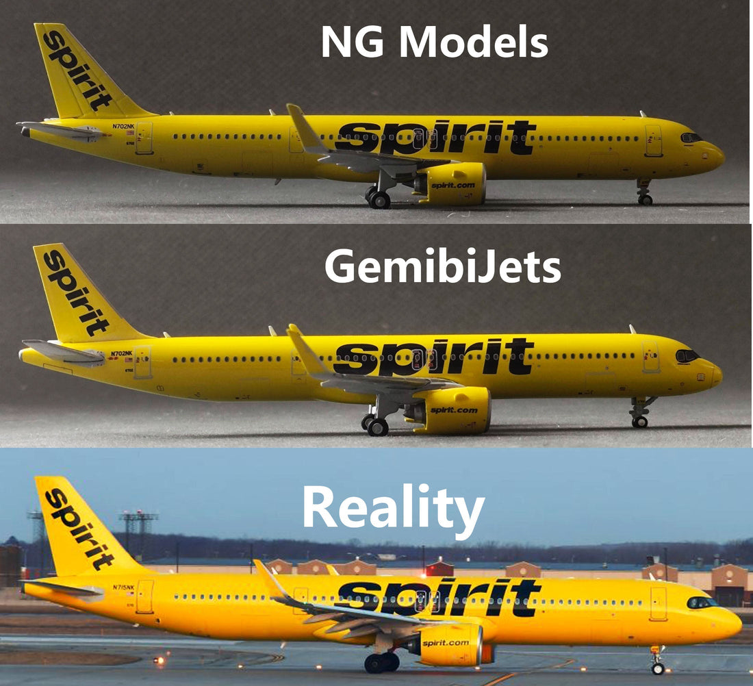 1:400 Airbus A321neo diecast model comparison — NG Models vs GeminiJets Spirit Airlines N702NK side by side accuracy review