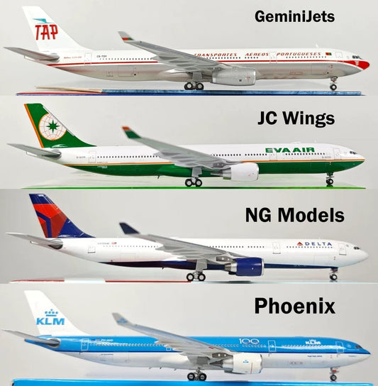1:400 Airbus A330-300 diecast model comparison — GeminiJets TAP vs NG Models Delta vs Phoenix KLM side by side accuracy review belly antennas fan face landing gear