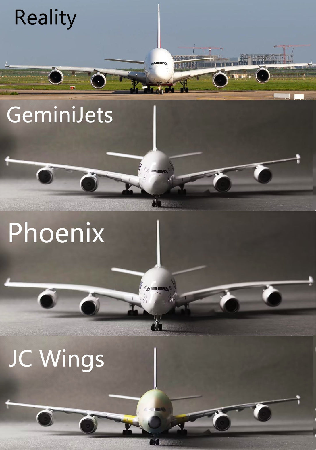 1:400 Airbus A380 diecast model comparison — JC Wings, GeminiJets, and Phoenix side by side
