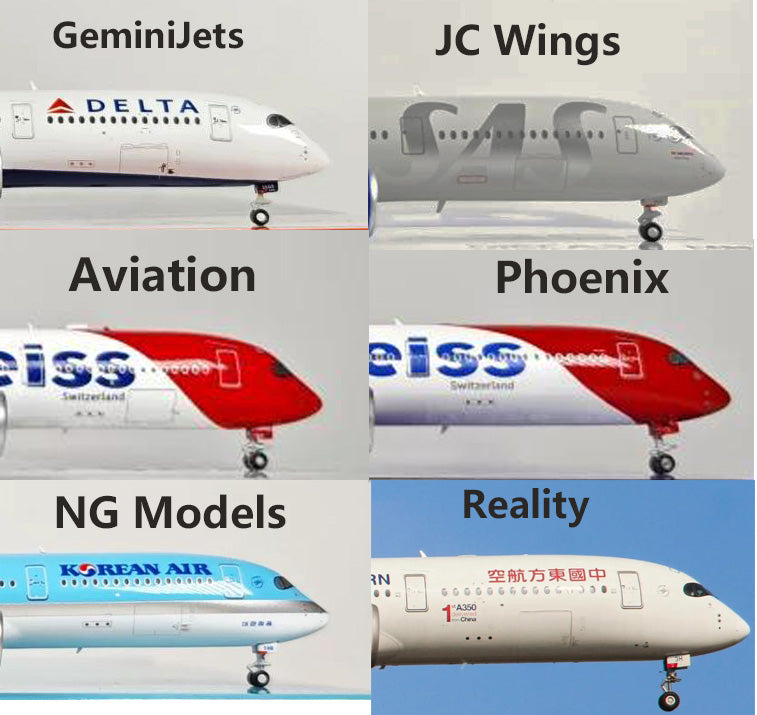 1:400 Airbus A350-900 diecast model accuracy comparison — GeminiJets JC Wings NG Models Phoenix Aviation 400 side by side five-brand review