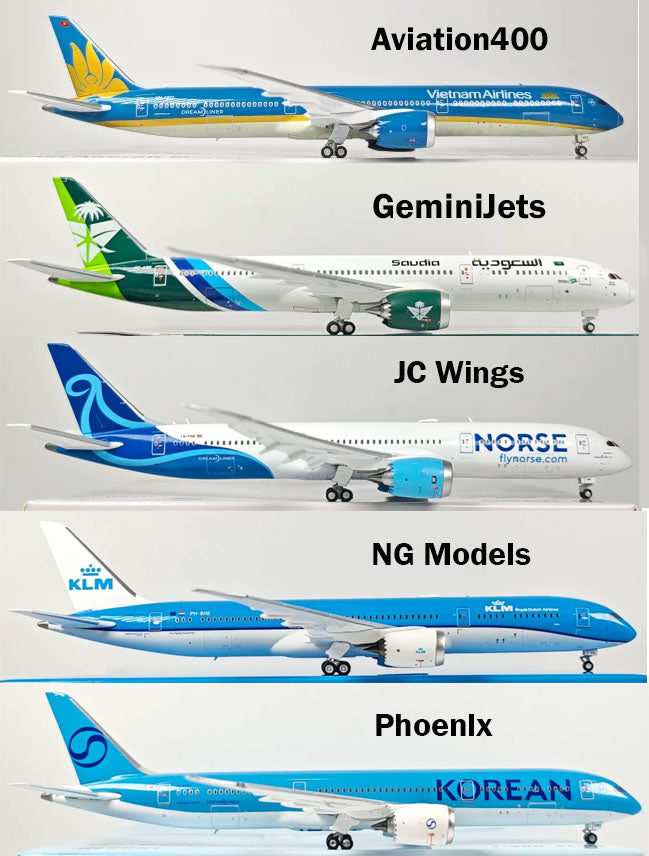 1:400 Boeing 787-9 diecast model comparison — GeminiJets vs JC Wings vs NG Models vs Phoenix side-by-side accuracy review front view