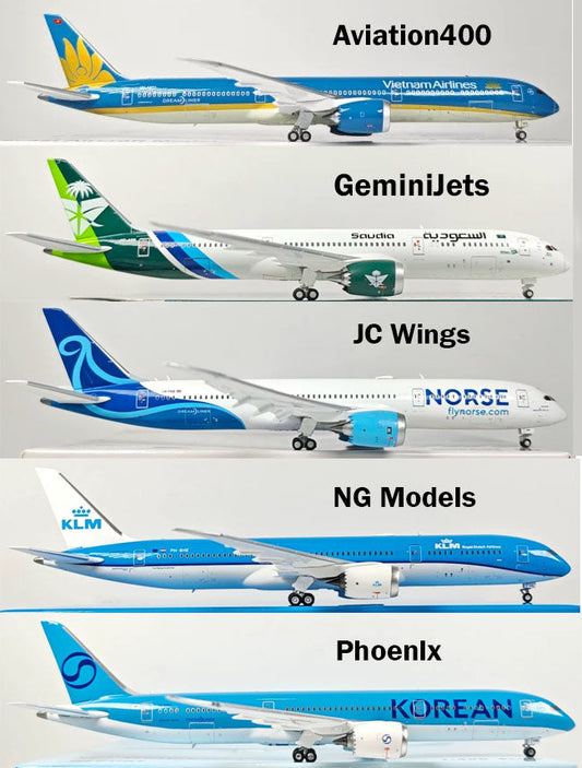 1:400 Boeing 787-9 diecast model comparison — GeminiJets vs JC Wings vs NG Models vs Phoenix side-by-side accuracy review front view