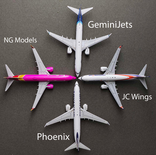 1:400 Boeing 737 MAX 8 diecast model comparison — NG Models NG88015 Southwest N8888Q, JC Wings LH4189 Smartwings OK-SWB, Geminijets GJASA2273 Alaska N801AK, Phoenix PH11938 Ryanair EI-IJT