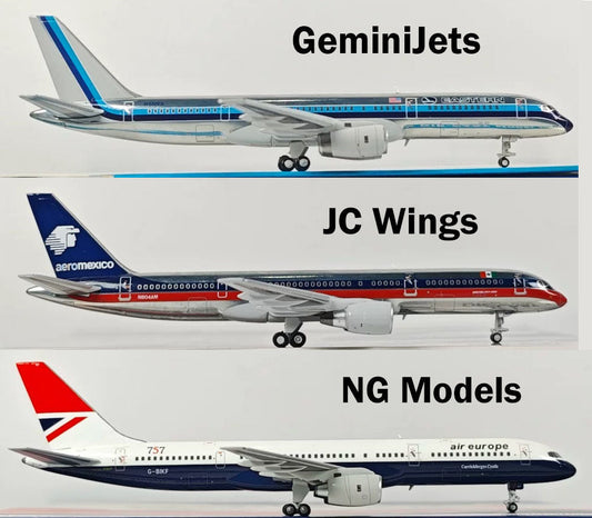 1:400 Boeing 757-200 diecast model comparison — GeminiJets Eastern N502EA vs JC Wings Aeromexico N804AM vs NG Models Air Europe G-BIKF accuracy review