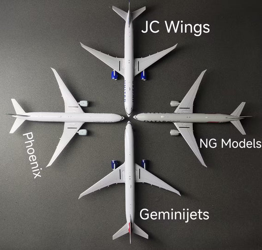 Four 1:400 Boeing 777-300ER diecast models top-down view: NG Models Qatar A7-BEL, JC Wings United N2749U, Gemini Jets British Airways G-STBH, Phoenix Cathay Pacific B-KPO wing sweep comparison
