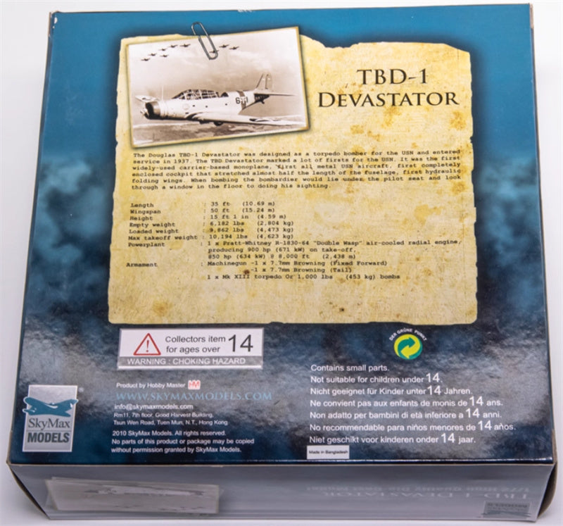 SkyMax TBD-1 Devastator Battle of Coral Sea white T-1 Lt. Cdr. James Brett VT-2 USS Lexington May 1942 1:72 Aircraft Pre-built Model
