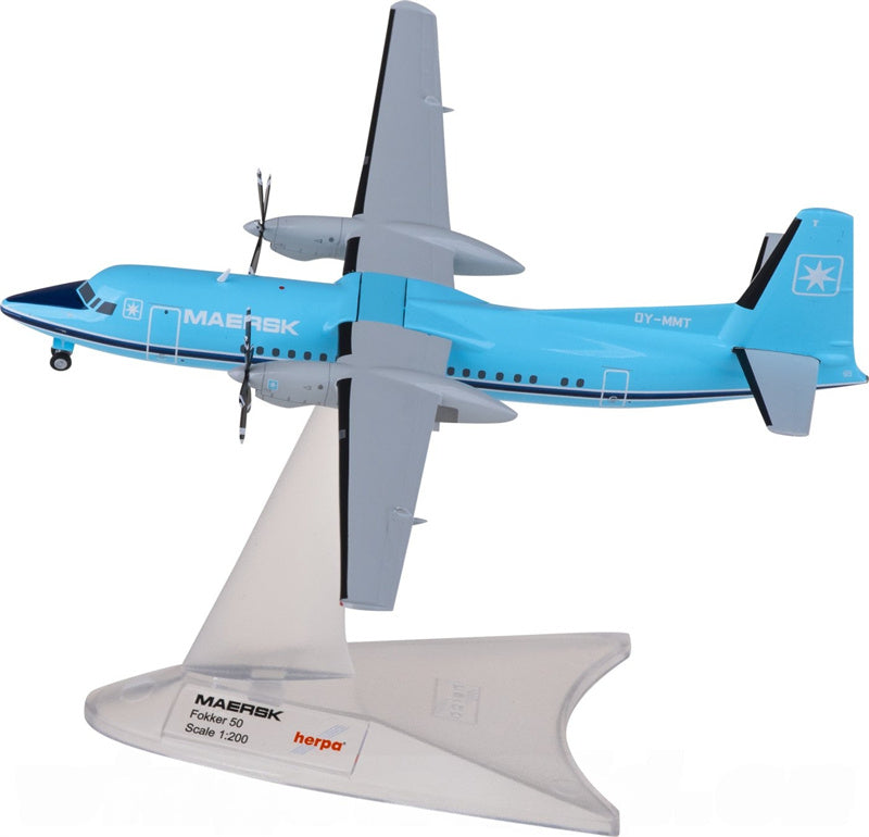 Herpa Maersk Air Fokker 50 OY-MMT 1:200 Aircraft Pre-built  Airliner Model Display