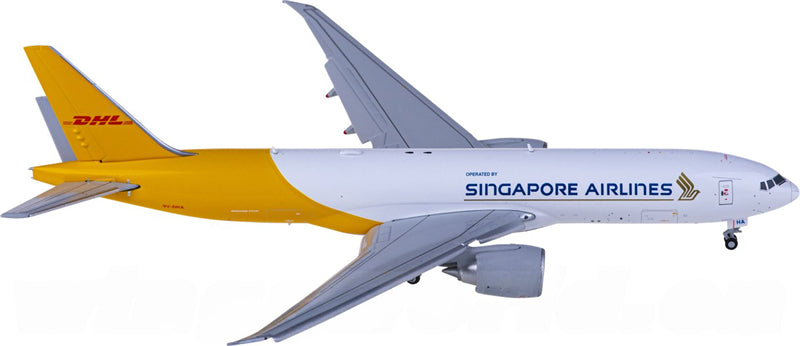 JC Wings Singapore Airlines DHL Boeing 777-200LRF 9V-DHA Flaps Down 1:400 Diecast Model view 1